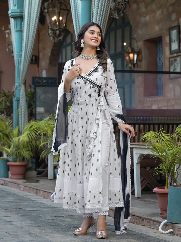 White Dabu Print Angrakha Kurta Set with Dupatta