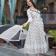 White Dabu Print Angrakha Kurta Set with Dupatta