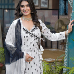 White Dabu Print Angrakha Kurta Set with Dupatta