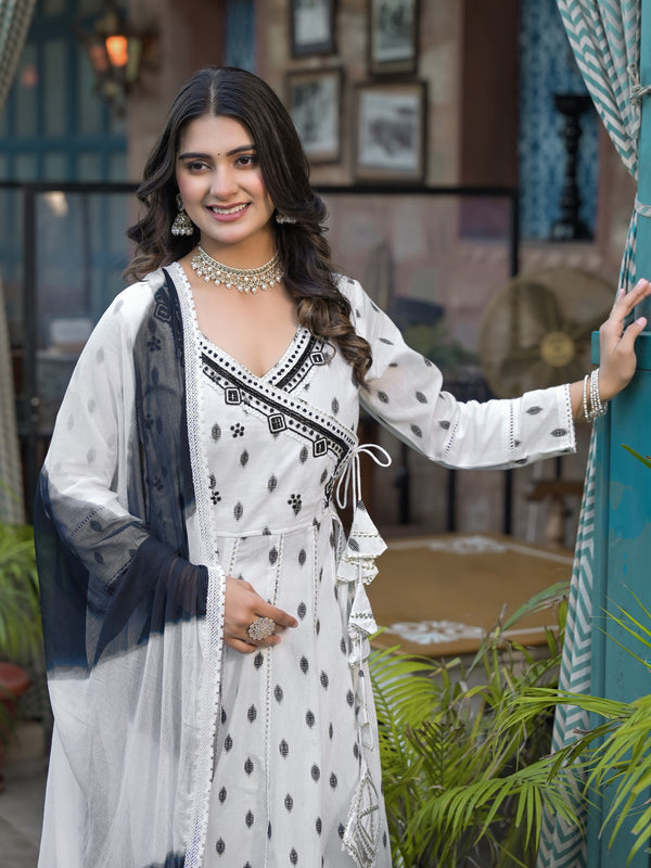 White Dabu Print Angrakha Kurta Set with Dupatta