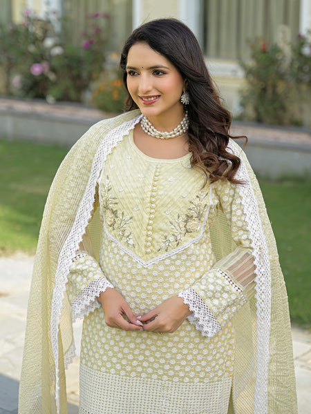 Yellow Cotton Embroidered Kurta Set