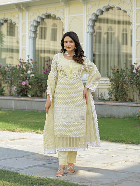 Yellow Cotton Embroidered Kurta Set