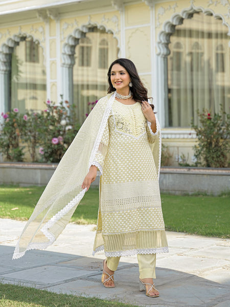 Yellow Cotton Embroidered Kurta Set