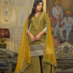 Mustard Ajrakh Print Cotton Kurta Set with Dupatta