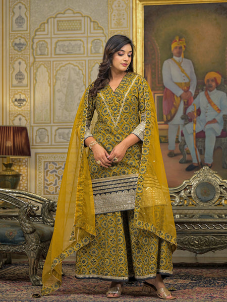 Mustard Ajrakh Print Cotton Kurta Set with Dupatta