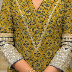 Mustard Ajrakh Print Cotton Kurta Set with Dupatta