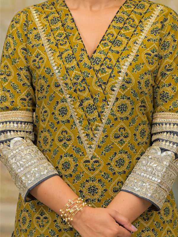 Mustard Ajrakh Print Cotton Kurta Set with Dupatta