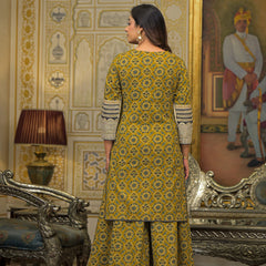 Mustard Ajrakh Print Cotton Kurta Set with Dupatta