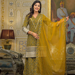 Mustard Ajrakh Print Cotton Kurta Set with Dupatta