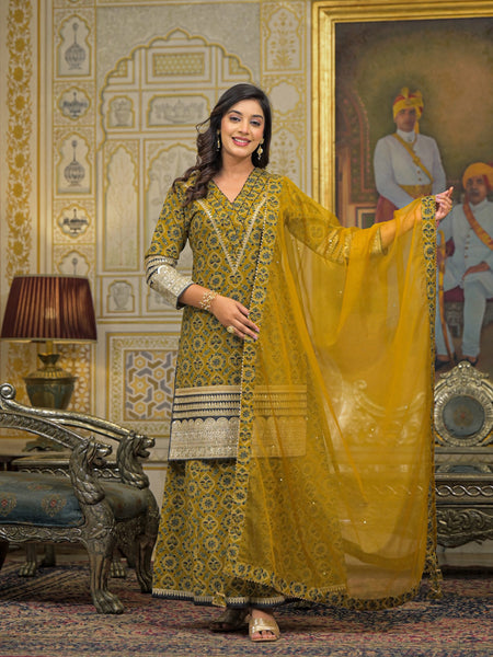 Mustard Ajrakh Print Cotton Kurta Set with Dupatta