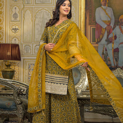 Mustard Ajrakh Print Cotton Kurta Set with Dupatta