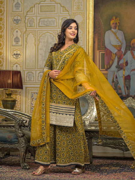 Mustard Ajrakh Print Cotton Kurta Set with Dupatta