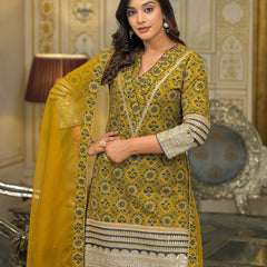 Mustard Ajrakh Print Cotton Kurta Set with Dupatta