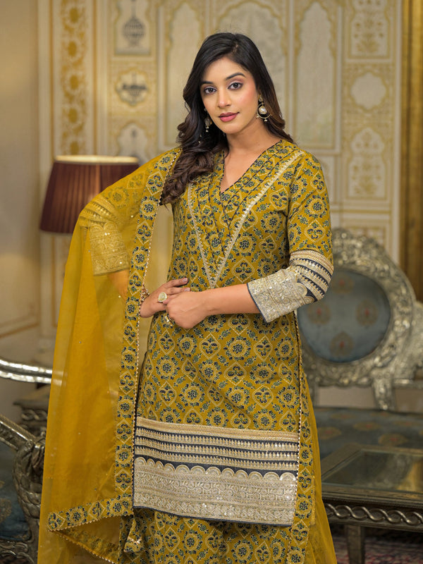 Mustard Ajrakh Print Cotton Kurta Set with Dupatta