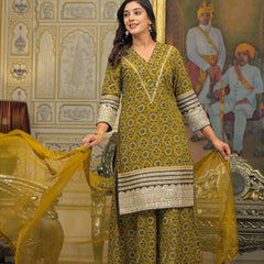 Mustard Ajrakh Print Cotton Kurta Set with Dupatta