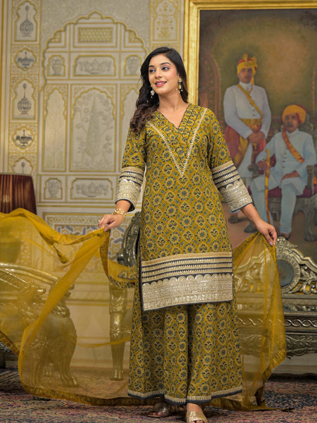 Mustard Ajrakh Print Cotton Kurta Set with Dupatta