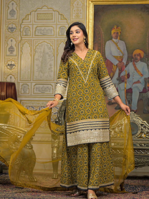 Mustard Ajrakh Print Cotton Kurta Set with Dupatta