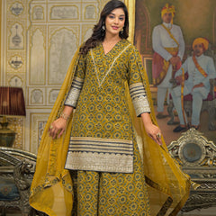 Mustard Ajrakh Print Cotton Kurta Set with Dupatta