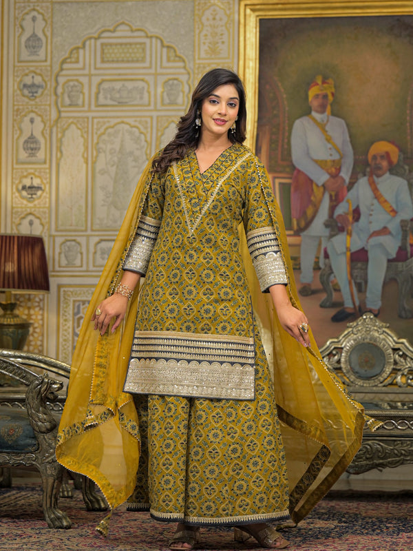 Mustard Ajrakh Print Cotton Kurta Set with Dupatta