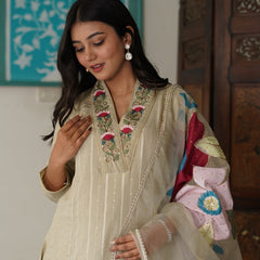 Beige Cotton Lurex Embroidered Kurta Set with Dupatta