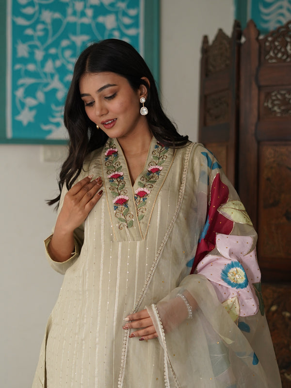 Beige Cotton Lurex Embroidered Kurta Set with Dupatta