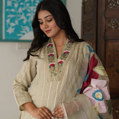 Beige Cotton Lurex Embroidered Kurta Set with Dupatta