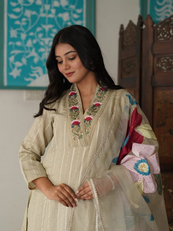Beige Cotton Lurex Embroidered Kurta Set with Dupatta