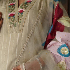 Beige Cotton Lurex Embroidered Kurta Set with Dupatta