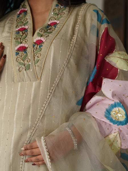 Beige Cotton Lurex Embroidered Kurta Set with Dupatta