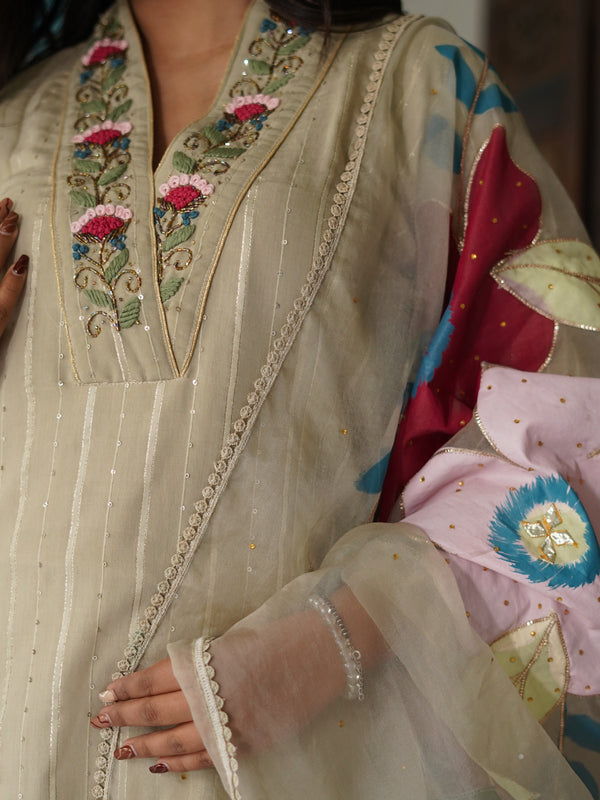 Beige Cotton Lurex Embroidered Kurta Set with Dupatta