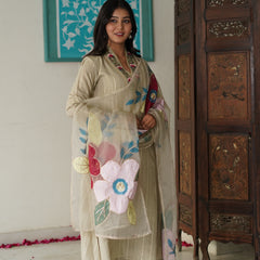 Beige Cotton Lurex Embroidered Kurta Set with Dupatta