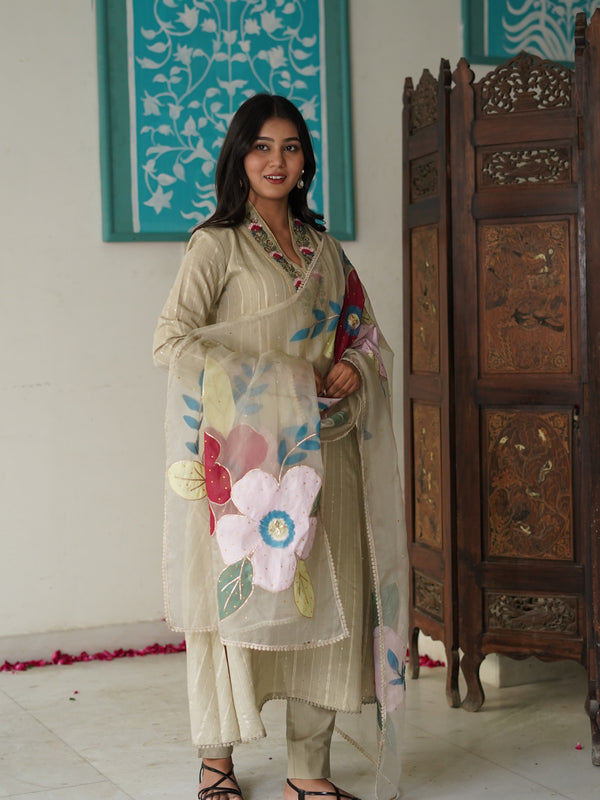 Beige Cotton Lurex Embroidered Kurta Set with Dupatta