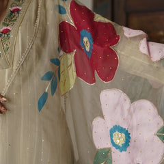 Beige Cotton Lurex Embroidered Kurta Set with Dupatta