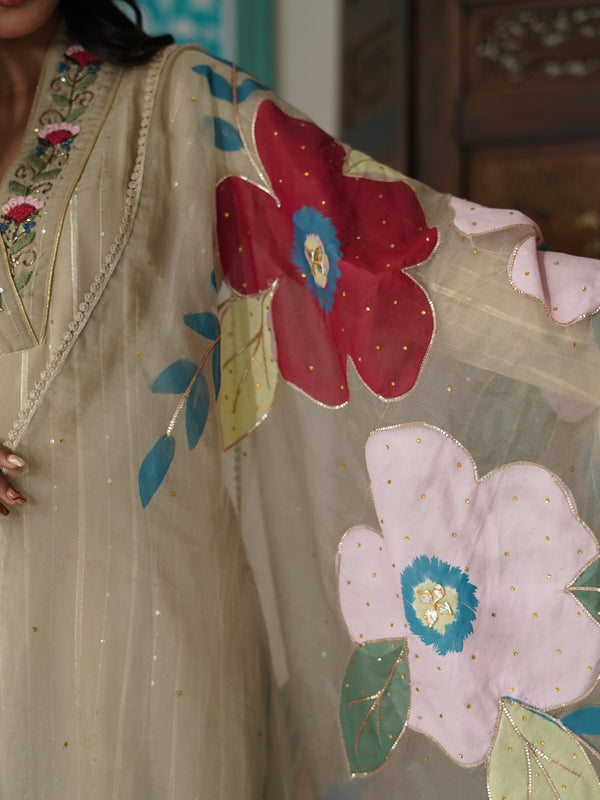 Beige Cotton Lurex Embroidered Kurta Set with Dupatta