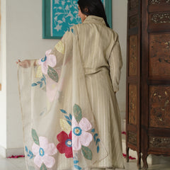 Beige Cotton Lurex Embroidered Kurta Set with Dupatta