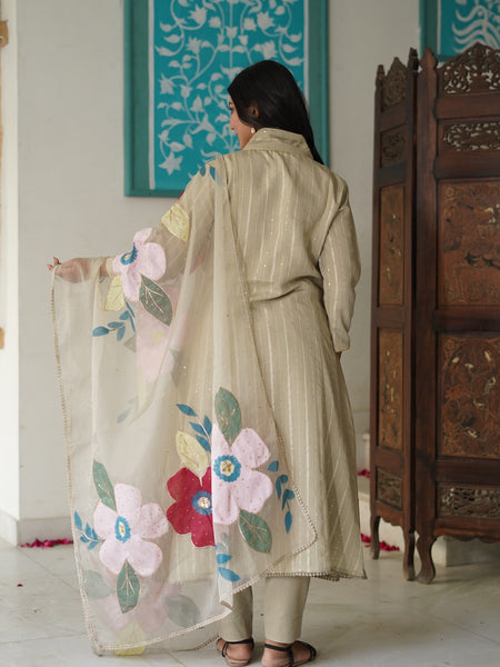 Beige Cotton Lurex Embroidered Kurta Set with Dupatta