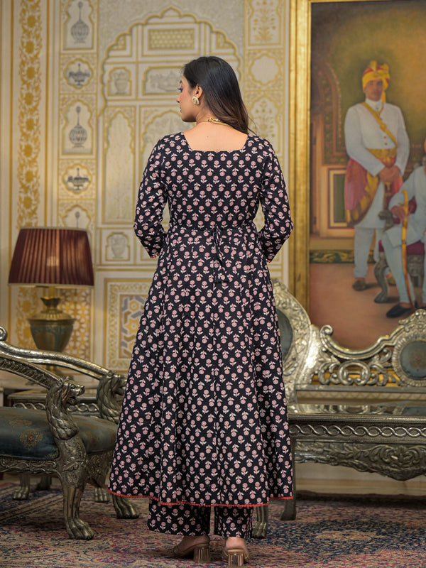 Green Cotton Ajrakh Print Anarkali Kurta Set