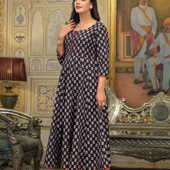 Green Cotton Ajrakh Print Anarkali Kurta Set