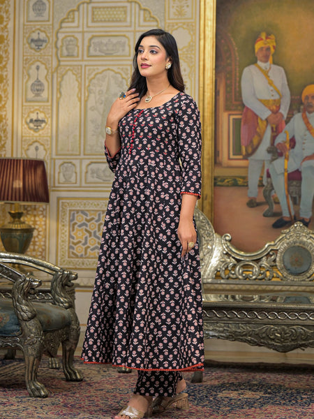 Green Cotton Ajrakh Print Anarkali Kurta Set