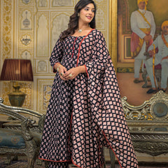 Green Cotton Ajrakh Print Anarkali Kurta Set