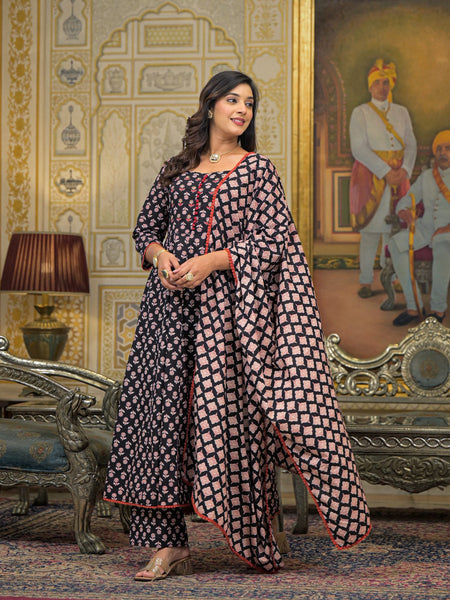 Green Cotton Ajrakh Print Anarkali Kurta Set