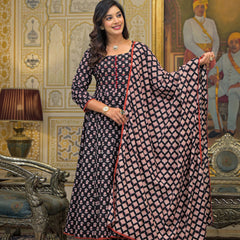 Green Cotton Ajrakh Print Anarkali Kurta Set