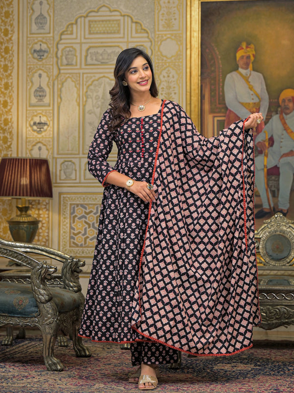 Green Cotton Ajrakh Print Anarkali Kurta Set