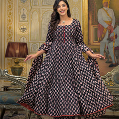 Green Cotton Ajrakh Print Anarkali Kurta Set