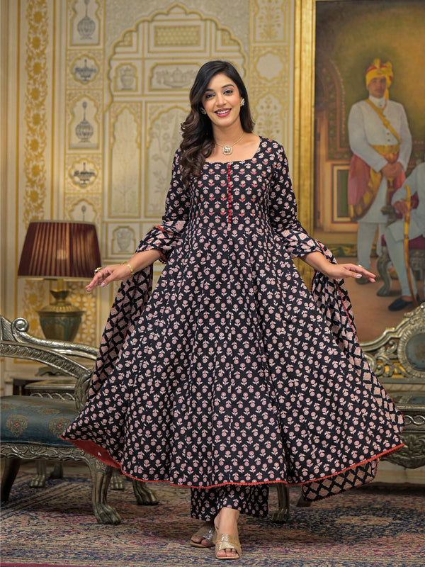 Green Cotton Ajrakh Print Anarkali Kurta Set