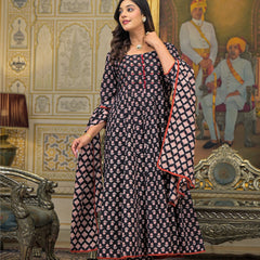 Green Cotton Ajrakh Print Anarkali Kurta Set