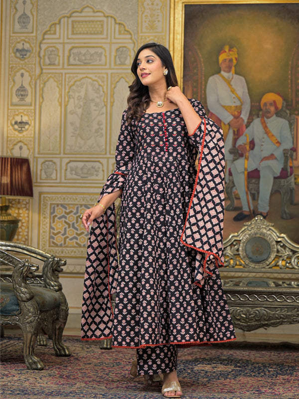 Green Cotton Ajrakh Print Anarkali Kurta Set