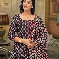 Green Cotton Ajrakh Print Anarkali Kurta Set