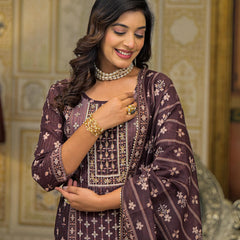 Brown Chanderi Printed Kurta Set with Dupatta