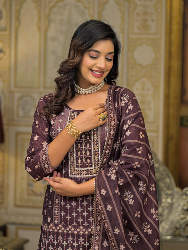 Brown Chanderi Printed Kurta Set with Dupatta